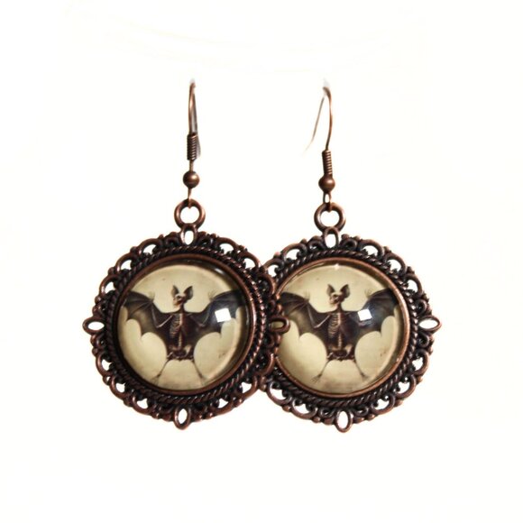 Gothic Victorian “Nocturne Relic” Skeletal Bat Filigree Earrings - Picture 1 of 4